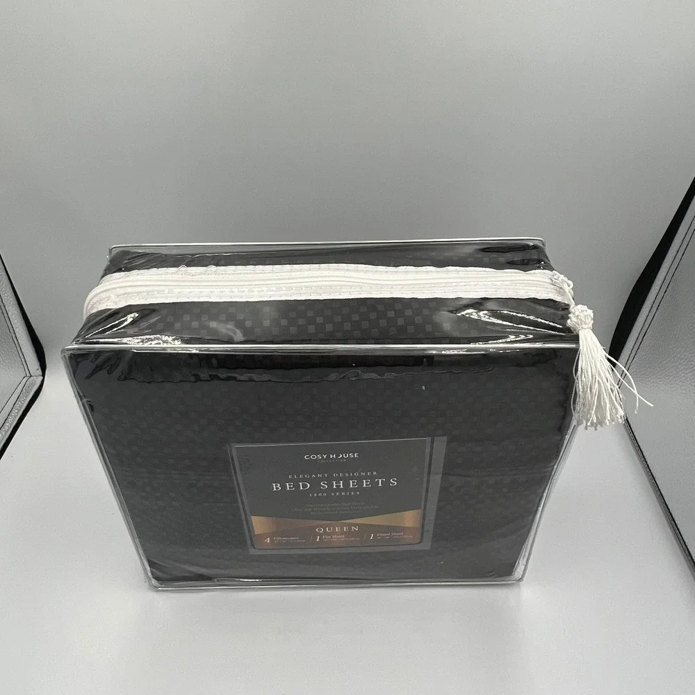 Cosy House Queen Bed Sheets Black Checkered Dots 1800 Series 6pc Set New